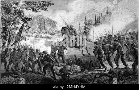 Die Schlacht von Wilson's Creek, auch bekannt als die Schlacht von Oak Hills, war eine große Schlacht in den ersten Monaten des Amerikanischen Bürgerkriegs, der am 10. August 1861 stattfand. Die Unionisten unter Nathaniel Lyon und Samuel D. Sturgis verloren an die Konföderierten unter Sterling Price und Benjamin McCulloch. General Lyon wurde während des Kampfes getötet. Sein Bild zeigt General Lyon als Anführer einer Kavallerie. Stockfoto