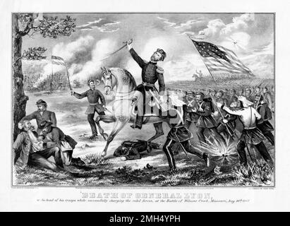 Die Schlacht von Wilson's Creek, auch bekannt als die Schlacht von Oak Hills, war eine große Schlacht in den ersten Monaten des Amerikanischen Bürgerkriegs, der am 10. August 1861 stattfand. Die Unionisten unter Nathaniel Lyon und Samuel D. Sturgis verloren an die Konföderierten unter Sterling Price und Benjamin McCulloch. General Lyon wurde während des Kampfes getötet. Dieses Bild zeigt den Tod von Lyon während einer Kavallerie. Stockfoto