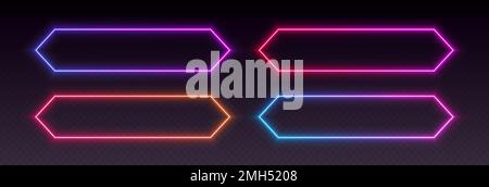 Neonrahmen, sechseckige leuchtende Ränder, farbenfrohe futuristische UI-Designelemente. Stock Vektor