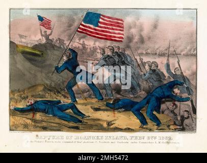 Die Schlacht von Roanoke Island war eine Schlacht im Amerikanischen Bürgerkrieg, der vom 7. Bis 8. Februar 1862 in North Carolina geführt wurde. Es war ein amphibischer Unionistenangriff unter dem Kommando von Ambrose Burnside, und es war ein Unionistensieg, als die Insel gefangen genommen wurde. Das Bild zeigt eine Bajonettladung der New Yorker Freiwilligen (Hawkins Zouaves) auf der drei-Waffen-Batterie Stockfoto