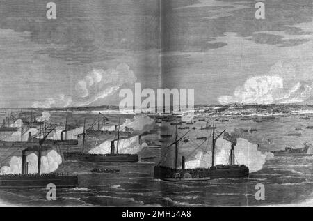 Die Schlacht von Roanoke Island war eine Schlacht im Amerikanischen Bürgerkrieg, der vom 7. Bis 8. Februar 1862 in North Carolina geführt wurde. Es war ein amphibischer Unionistenangriff unter dem Kommando von Ambrose Burnside, und es war ein Unionistensieg, als die Insel gefangen genommen wurde. Das Bild zeigt den Angriff auf die Insel Roanoke durch die Kanonenboote des Commodore Goldsborough und die Anlandung der Truppen unter dem Kommando der Generäle Foster, Reno und Parks Stockfoto