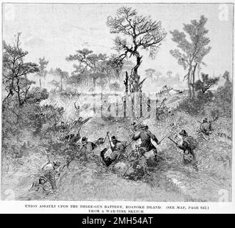 Die Schlacht von Roanoke Island war eine Schlacht im Amerikanischen Bürgerkrieg, der vom 7. Bis 8. Februar 1862 in North Carolina geführt wurde. Es war ein amphibischer Unionistenangriff unter dem Kommando von Ambrose Burnside, und es war ein Unionistensieg, als die Insel gefangen genommen wurde. Das Bild zeigt eine Bajonettladung der New Yorker Freiwilligen (Hawkins Zouaves) auf der drei-Waffen-Batterie Stockfoto