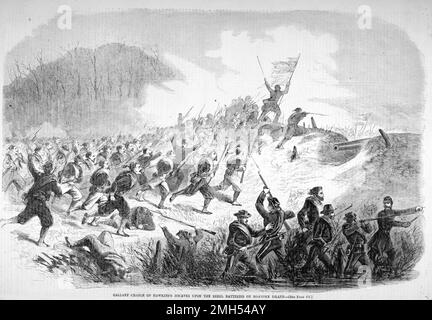 Die Schlacht von Roanoke Island war eine Schlacht im Amerikanischen Bürgerkrieg, der vom 7. Bis 8. Februar 1862 in North Carolina geführt wurde. Es war ein amphibischer Unionistenangriff unter dem Kommando von Ambrose Burnside, und es war ein Unionistensieg, als die Insel gefangen genommen wurde. Das Bild zeigt eine Ladung von Hawkins's Zouaves Stockfoto