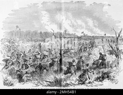 Die Schlacht von Roanoke Island war eine Schlacht im Amerikanischen Bürgerkrieg, der vom 7. Bis 8. Februar 1862 in North Carolina geführt wurde. Es war ein amphibischer Unionistenangriff unter dem Kommando von Ambrose Burnside, und es war ein Unionistensieg, als die Insel gefangen genommen wurde. Das Bild zeigt eine Bajonettladung der New Yorker Freiwilligen (Hawkins Zouaves) auf der drei-Waffen-Batterie Stockfoto