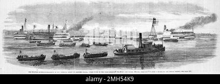 Die Schlacht von Roanoke Island war eine Schlacht im Amerikanischen Bürgerkrieg, der vom 7. Bis 8. Februar 1862 in North Carolina geführt wurde. Es war ein amphibischer Unionistenangriff unter dem Kommando von Ambrose Burnside, und es war ein Unionistensieg, als die Insel gefangen genommen wurde. Das Bild zeigt die Landung der gewerkschaftlichen Truppen auf der Insel unter dem Schutz der Kanonenboote Delaware und der Streitkräfte der Union Stockfoto