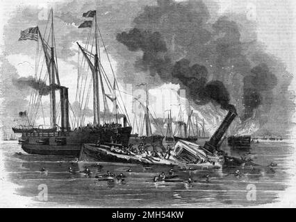 Die Schlacht von Roanoke Island war eine Schlacht im Amerikanischen Bürgerkrieg, der vom 7. Bis 8. Februar 1862 in North Carolina geführt wurde. Es war ein amphibischer Unionistenangriff unter dem Kommando von Ambrose Burnside, und es war ein Unionistensieg, als die Insel gefangen genommen wurde. Das Bild zeigt die Zerstörung der Flotte von Commodore Lynch durch Kanonenboote der Union Navy auf Roanoke Island, Februar 1862. Stockfoto