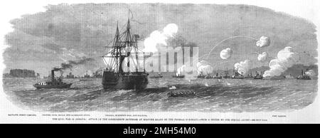 Die Schlacht von Roanoke Island war eine Schlacht im Amerikanischen Bürgerkrieg, der vom 7. Bis 8. Februar 1862 in North Carolina geführt wurde. Es war ein amphibischer Unionistenangriff unter dem Kommando von Ambrose Burnside, und es war ein Unionistensieg, als die Insel gefangen genommen wurde. Dieses Bild zeigt die Unionisten, die konföderierte Positionen auf der Insel bombardieren. Stockfoto