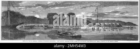 Die Schlacht von Roanoke Island war eine Schlacht im Amerikanischen Bürgerkrieg, der vom 7. Bis 8. Februar 1862 in North Carolina geführt wurde. Es war ein amphibischer Unionistenangriff unter dem Kommando von Ambrose Burnside, und es war ein Unionistensieg, als die Insel gefangen genommen wurde. Das Bild zeigt Fort Bartow, Roanoke Island, nach seiner Ergreifung. Stockfoto