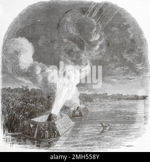 Die Schlacht von Insel Nr. 10 war eine Schlacht im Amerikanischen Bürgerkrieg, der vom 28. Februar bis 8. April 1862 in Kentucky geführt wurde. Es war ein unionistischer amphibischer Angriff auf die Insel Nummer 10, die eine Kommandoposition im Mississippi innehatte. Der Angriff stand unter dem Kommando von John Pope, und es war ein unionistischer Sieg, als die Insel gefangen wurde. Das Bild zeigt eine nächtliche Bombardierung der Insel durch die Unionisten-Mörserboote. Stockfoto