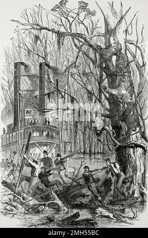 Die Schlacht von Insel Nr. 10 war eine Schlacht im Amerikanischen Bürgerkrieg, der vom 28. Februar bis 8. 1862. April in Kentucky geführt wurde. Es war ein unionistischer amphibischer Angriff auf die Insel Nummer 10, die eine Kommandoposition im Mississippi innehatte. Der Angriff stand unter dem Kommando von John Pope, und es war ein Unionistensieg, als die Insel gefangen genommen wurde. Das Bild zeigt das Transportschiff Terry, das durch das Sumpfgebiet in der Nähe der Insel manövriert wird. Stockfoto