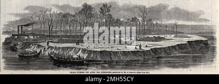 Die Schlacht von Insel Nr. 10 war eine Schlacht im Amerikanischen Bürgerkrieg, der vom 28. Februar bis 8. 1862. April in Kentucky geführt wurde. Es war ein unionistischer amphibischer Angriff auf die Insel Nummer 10, die eine Kommandoposition im Mississippi innehatte. Der Angriff stand unter dem Kommando von John Pope, und es war ein Unionistensieg, als die Insel gefangen genommen wurde. Das Bild zeigt die Insel nach ihrer Kapitulation. Stockfoto