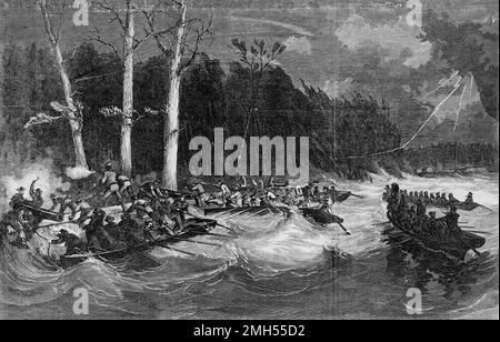 Die Schlacht von Insel Nr. 10 war eine Schlacht im Amerikanischen Bürgerkrieg, der vom 28. Februar bis 8. 1862. April in Kentucky geführt wurde. Es war ein unionistischer amphibischer Angriff auf die Insel Nummer 10, die eine Kommandoposition im Mississippi innehatte. Der Angriff stand unter dem Kommando von John Pope, und es war ein Unionistensieg, als die Insel gefangen genommen wurde. Das Bild zeigt einen nächtlichen Überfall auf die Insel durch Unionisten. Stockfoto