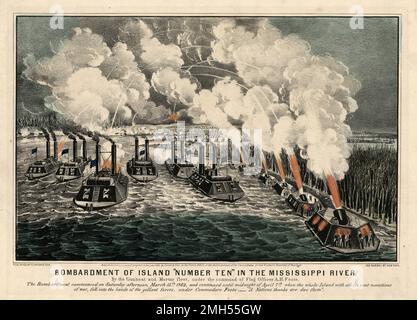 Die Schlacht von Insel Nr. 10 war eine Schlacht im Amerikanischen Bürgerkrieg, der vom 28. Februar bis 8. 1862. April in Kentucky geführt wurde. Es war ein unionistischer amphibischer Angriff auf die Insel Nummer 10, die eine Kommandoposition im Mississippi innehatte. Der Angriff stand unter dem Kommando von John Pope, und es war ein Unionistensieg, als die Insel gefangen genommen wurde. Das Bild zeigt unionistische Kanonenboote und Mörserboote, die die Insel bombardieren. Stockfoto