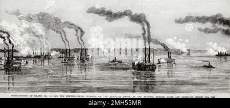 Die Schlacht von Insel Nr. 10 war eine Schlacht im Amerikanischen Bürgerkrieg, der vom 28. Februar bis 8. 1862. April in Kentucky geführt wurde. Es war ein unionistischer amphibischer Angriff auf die Insel Nummer 10, die eine Kommandoposition im Mississippi innehatte. Der Angriff stand unter dem Kommando von John Pope, und es war ein Unionistensieg, als die Insel gefangen genommen wurde. Das Bild zeigt unionistische Kanonenboote und Mörserboote, die die Insel bombardieren. Stockfoto