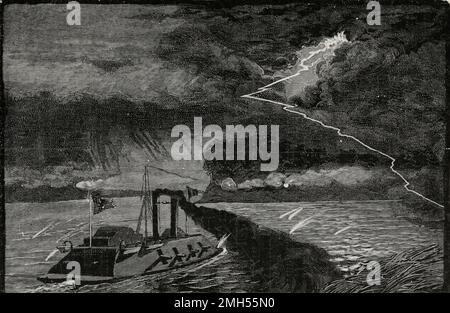 Die Schlacht von Insel Nr. 10 war eine Schlacht im Amerikanischen Bürgerkrieg, der vom 28. Februar bis 8. 1862. April in Kentucky geführt wurde. Es war ein unionistischer amphibischer Angriff auf die Insel Nummer 10, die eine Kommandoposition im Mississippi innehatte. Der Angriff stand unter dem Kommando von John Pope, und es war ein Unionistensieg, als die Insel gefangen genommen wurde. Das Bild zeigt das Kanonenboot Carandolet, das von konföderierten Batterien auf dem idland unter Beschuss steht. Stockfoto