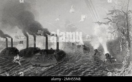 Die Schlacht von Insel Nr. 10 war eine Schlacht im Amerikanischen Bürgerkrieg, der vom 28. Februar bis 8. 1862. April in Kentucky geführt wurde. Es war ein unionistischer amphibischer Angriff auf die Insel Nummer 10, die eine Kommandoposition im Mississippi innehatte. Der Angriff stand unter dem Kommando von John Pope, und es war ein Unionistensieg, als die Insel gefangen genommen wurde. Das Bild zeigt unionistische Kanonenboote und Mörserboote, die die Insel bombardieren. Stockfoto