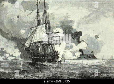 Die Schlacht um Hampton Roads ( auch Schlacht um den Monitor und Virginia oder die Schlacht um Ironclads) war eine Schlacht im Amerikanischen Bürgerkrieg, der am 8.-9. März 1862 in den Hampton Roads Sea Lanes gekämpft wurde. Es war die erste Schlacht zwischen modernen Metallschiffen statt hölzernen Segelschiffen. Die Verwundbarkeit von Holzschiffen war für alle offensichtlich, und die Schlacht markiert den Beginn der schrecklichen Ära. Dieses Bild zeigt die CSS Virginia (wieder aufgetankt USS Merrimac), die den USS-Kongress angreift. Stockfoto