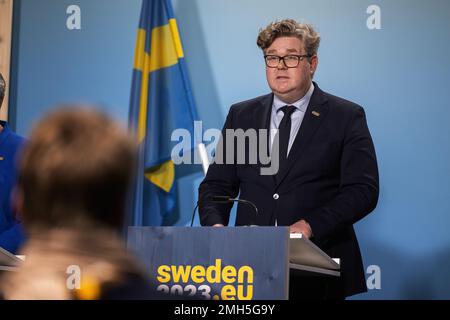 Stockholm, Schweden. 26. Januar 2023. (230126) -- STOCKHOLM, 26. Januar 2023 (Xinhua) -- schwedischer Justizminister Gunnar Strommer spricht am 26. Januar 2023 auf einer Pressekonferenz in Stockholm, Schweden. "Die Migrationssituation in der Europäischen Union (EU) ist angespannt", haben sich die Justiz- und Innenminister der Mitgliedstaaten auf ihrer Ratstagung hier am Donnerstag geeinigt. (Regierungsbüros Schwedens/Handout über Xinhua) Guthaben: Xinhua/Alamy Live News Stockfoto