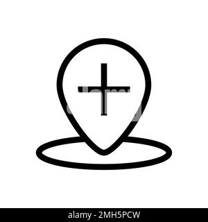 Suchen Sie die Symbollinie des medizinischen Zentrums isoliert auf weißem Hintergrund. Schwarzer, flacher Klassiker mit modernem Umriss. Lineares Symbol und bearbeitbare Kontur. Einfach ein Stock Vektor