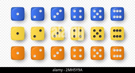 Vector 3D realistisches Blau, Gelb und Orange Spielwürfel-Symbol auf weißen Hintergrund isolierte Nahaufnahme. Spielwürfel für Glücksspiel, Casino Dices von eins bis Stock Vektor