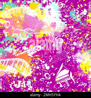 Vector Purple Music Hintergrund. Nahtloses Muster mit handgezeichneten Musikinstrumenten und Retro-Musikgeräten. Stock Vektor
