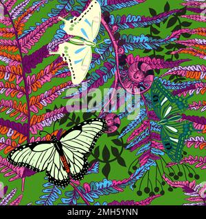 Pflanzenzweige nahtloses Aquarellmuster. Abstrakter mehrfarbiger grafischer Hintergrund mit Schmetterlingen. Nahtloses Farnmuster. Vektordarstellung Stock Vektor