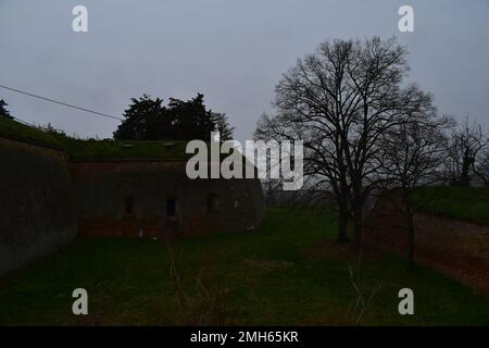 Alte Festung, Ziegelmauern und Gras davor Stockfoto