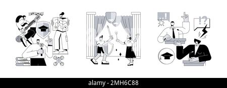 After-School-Aktivität abstraktes Konzept Vektor Illustration Set. Studentenklub, Schultheater, Debattierwettbewerb, öffentlich sprechen, Dramaturgie, hochschulcampus Veranstaltung, Kommunikation abstrakte Metapher. Stock Vektor