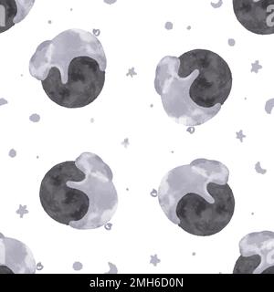 Graue Häschen auf dem Mond zeichnen von Hand Illustrationen. Stummgeschaltete Farben, nahtloses Tiermuster Stockfoto