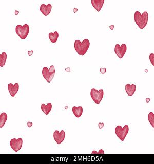 Nahtloses Herzmuster. Valentinstag, handgemalt, Aquarellmuster. Farbe 2023, Viva Magenta Stockfoto