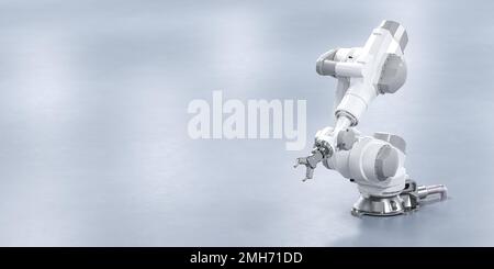 Roboter in einem hell beleuchteten, aber ansonsten leeren Fabrikgebäude. Stockfoto