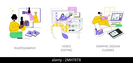 Kreative Online-Kurse isolierte Cartoon-Vektorbilder. Fotografiekurse mit Lehrer, Videobearbeitung, Grafikdesign-Kurse, Online-Tutorial ansehen, digitaler Kunstvektor-Cartoon. Stock Vektor