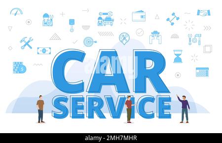Car Service Konzept mit großen Wörtern und Menschen umgeben von einem Symbol mit blauer Vektordarstellung Stockfoto