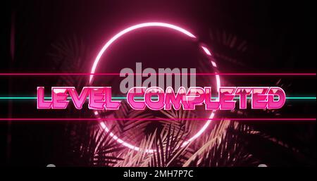 Komposition von ebenenförmigem fertiggestelltem Text mit Neonform und Blättern auf schwarzem Hintergrund Stockfoto