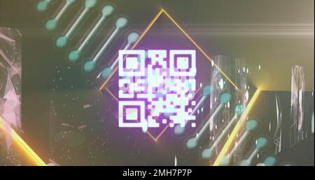 Zusammensetzung der Datenverarbeitung über qr-Code und dna-Strang auf schwarzem Hintergrund Stockfoto