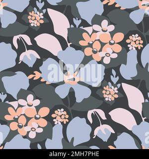 Nahtloses Vektormuster mit Blumenmuster. Blaue, rosa und beige Blumen, blaue Blätter. Stock Vektor