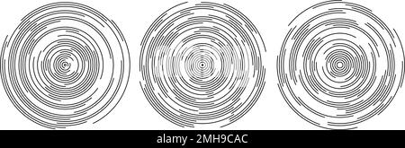 Konzentrische Kreissegmente festgelegt. Abgerundeter patten-Hintergrund. Sonar- oder Schallwellen-Ringsammlung. Epicentre, Ziel, Radarsymbol-Konzept. Radial Stock Vektor
