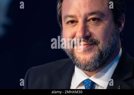 Rom, Italien. 26. Januar 2023. Der Minister für Infrastruktur und Verkehr, Matteo Salvini Gast in der TV-Show „Otto e Mezzo“ in den La7 Studios in Rom. Kredit: SOPA Images Limited/Alamy Live News Stockfoto