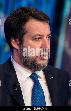 Rom, Italien. 26. Januar 2023. Der Minister für Infrastruktur und Verkehr, Matteo Salvini Gast in der TV-Show „Otto e Mezzo“ in den La7 Studios in Rom. Kredit: SOPA Images Limited/Alamy Live News Stockfoto