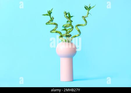 Stilvolle Vase mit Bambusstielen auf farbigem Hintergrund Stockfoto