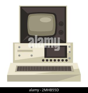 Alter Computer, 70s-Technik, Bildschirm und Tastatur, Seltenheit Stock Vektor