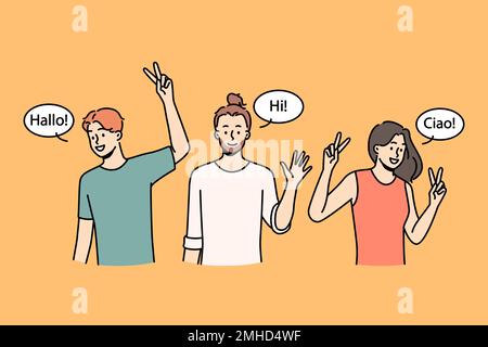 Lächelnde, multiethnische Menschen, die sich die Hände winken und in verschiedenen Sprachen gegrüßt werden. Fröhliche Männer und Frauen, die sich gegenseitig anvertrauen, sagen Hallo. Multiethnische Gruppe. Vektordarstellung. Stock Vektor