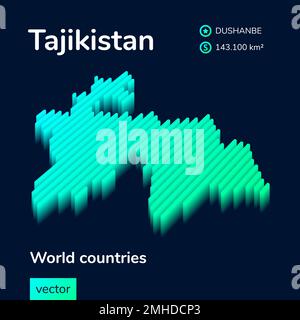 Stilisierte isometrisch gestreifte Neon-Vektor-3D-Karte Tadschikistan in grünen Mintfarben auf blauem Hintergrund Stock Vektor