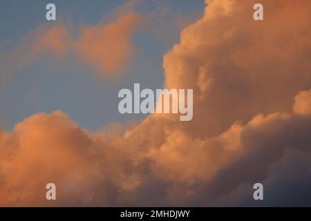 Flauschige rosa Wolken schwelgen im frühen Morgenlicht Stockfoto