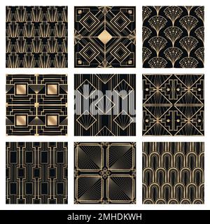 Art Deco Vektor-Set-Rahmen mit geometrischen Mustern auf dunklem Hintergrund Stock Vektor