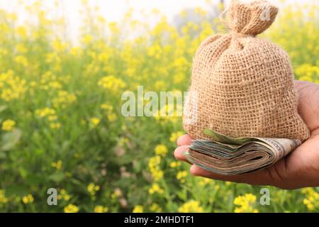 Geldbeutel auf der Senffarm. Das ist Bargeld Stockfoto