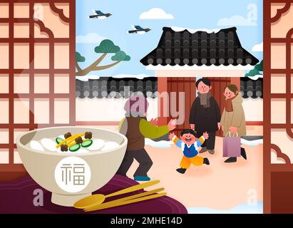 Süße koreanische orientalische Zeichnung einer Familie, die Großeltern zu Silvester besucht, mit Reiskuchen-Hintergrund Stockfoto