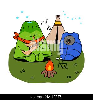 jeju Island Emoticon Character-Camping mit schwarzen Schweinen Stockfoto