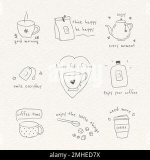 Cute Kaffee Doodle Journal Aufkleber Set Vektor Stock Vektor