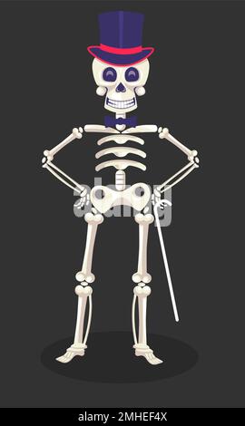 Mexikanisches Skelett mit hohem Hut und Stock, Dia de Los Muertos Stock Vektor